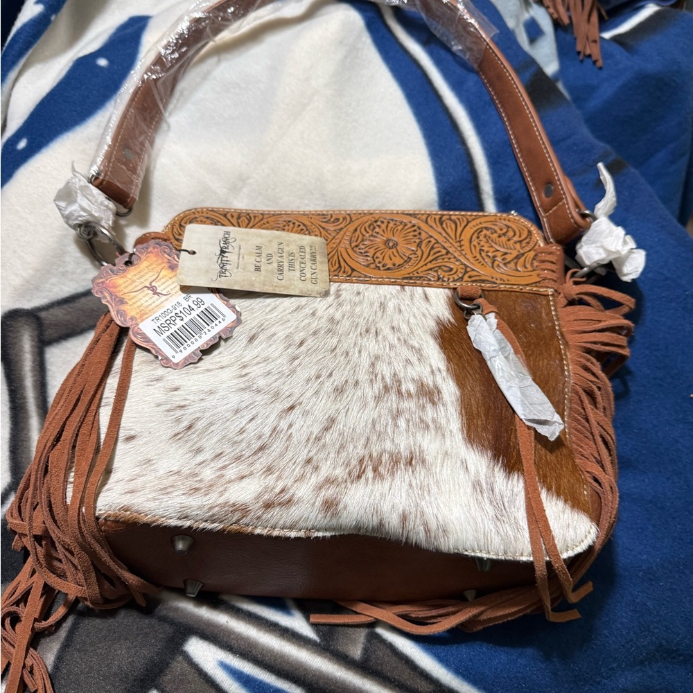 Western Style Brown and White Shoulder Bag with Fringe
